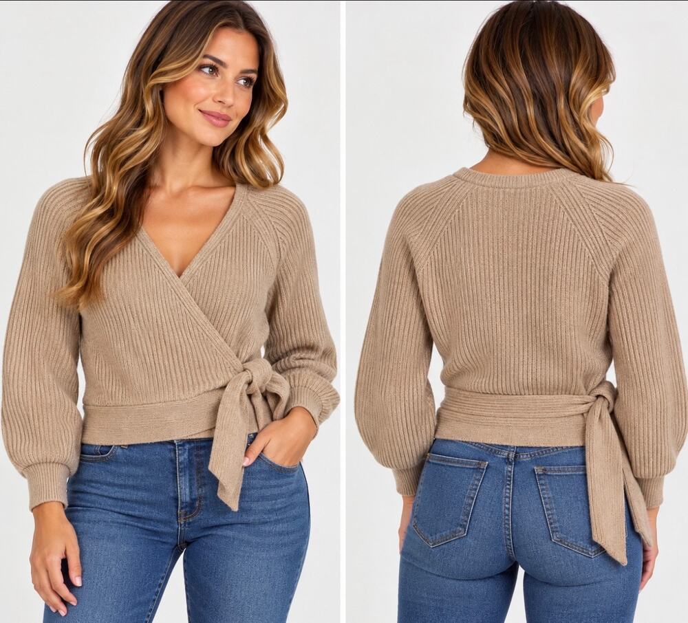 By Together Women’s Beige Ribbed Wrap Sweater Tie Waist Cropped Boho NWT